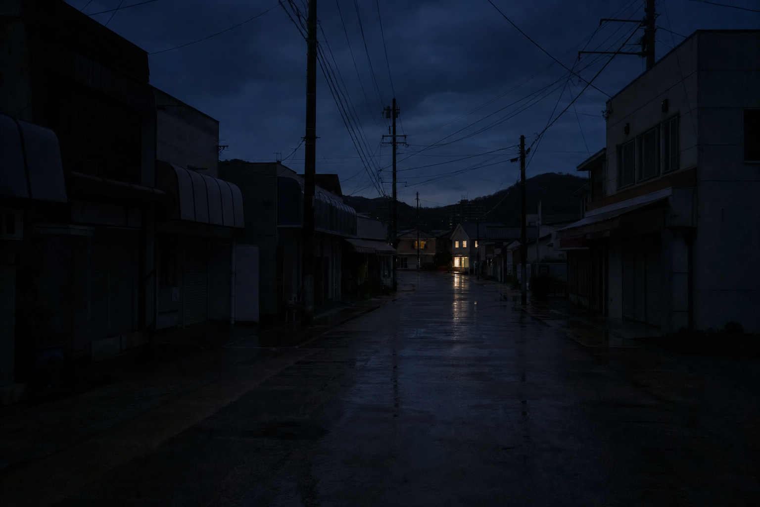 停電して真っ暗になった商店街。奥の一軒だけ窓に明かりが残っている