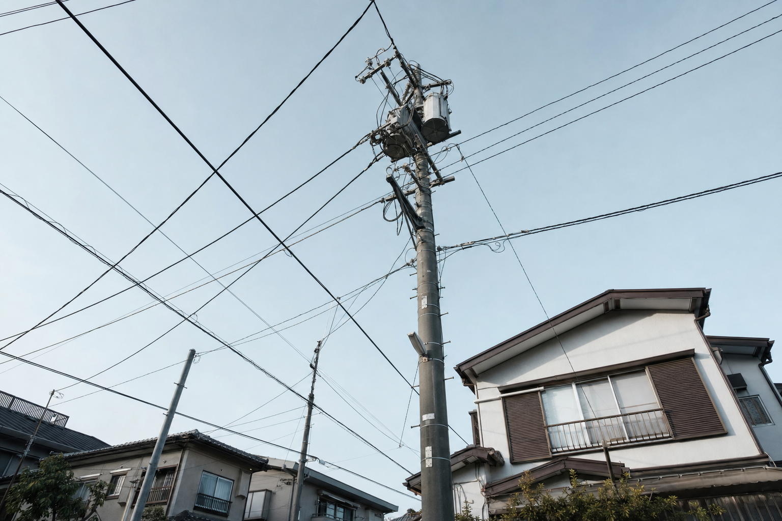 住宅街の電柱を見上げた写真。柱上の開閉器と碍子、架空線が空を横切っている