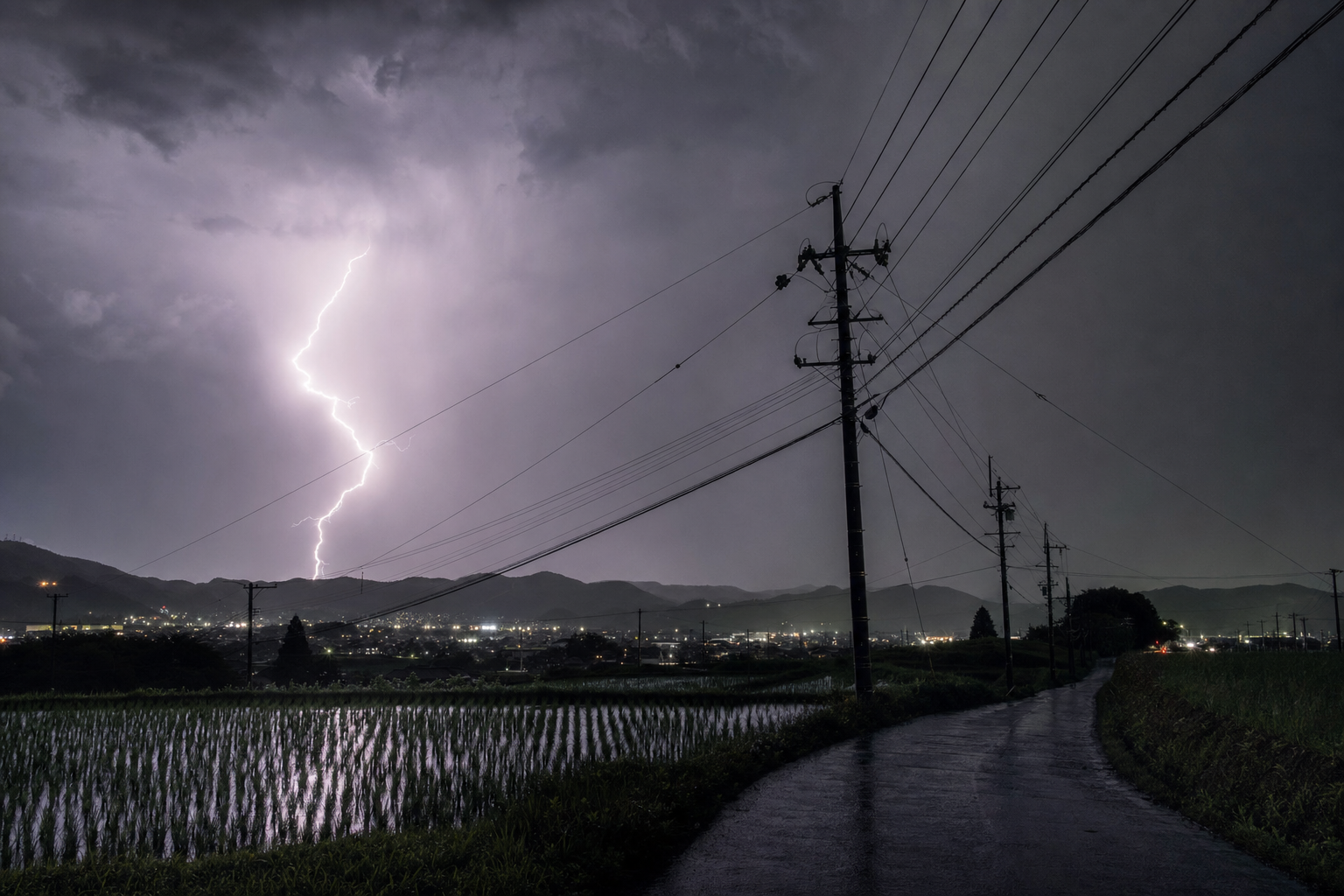 夜の雷雨。電柱と架空線のシルエットの奥に稲光が走っている