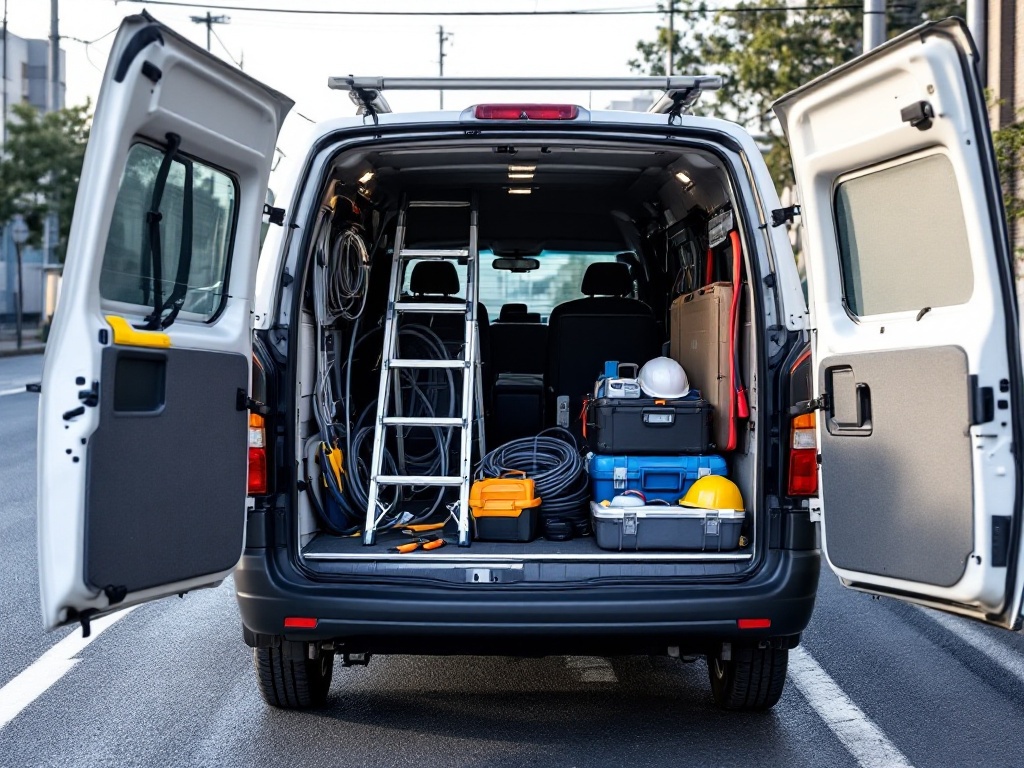 後ろ扉を開けた軽バンの荷台。脚立、ケーブル、工具箱、ヘルメット